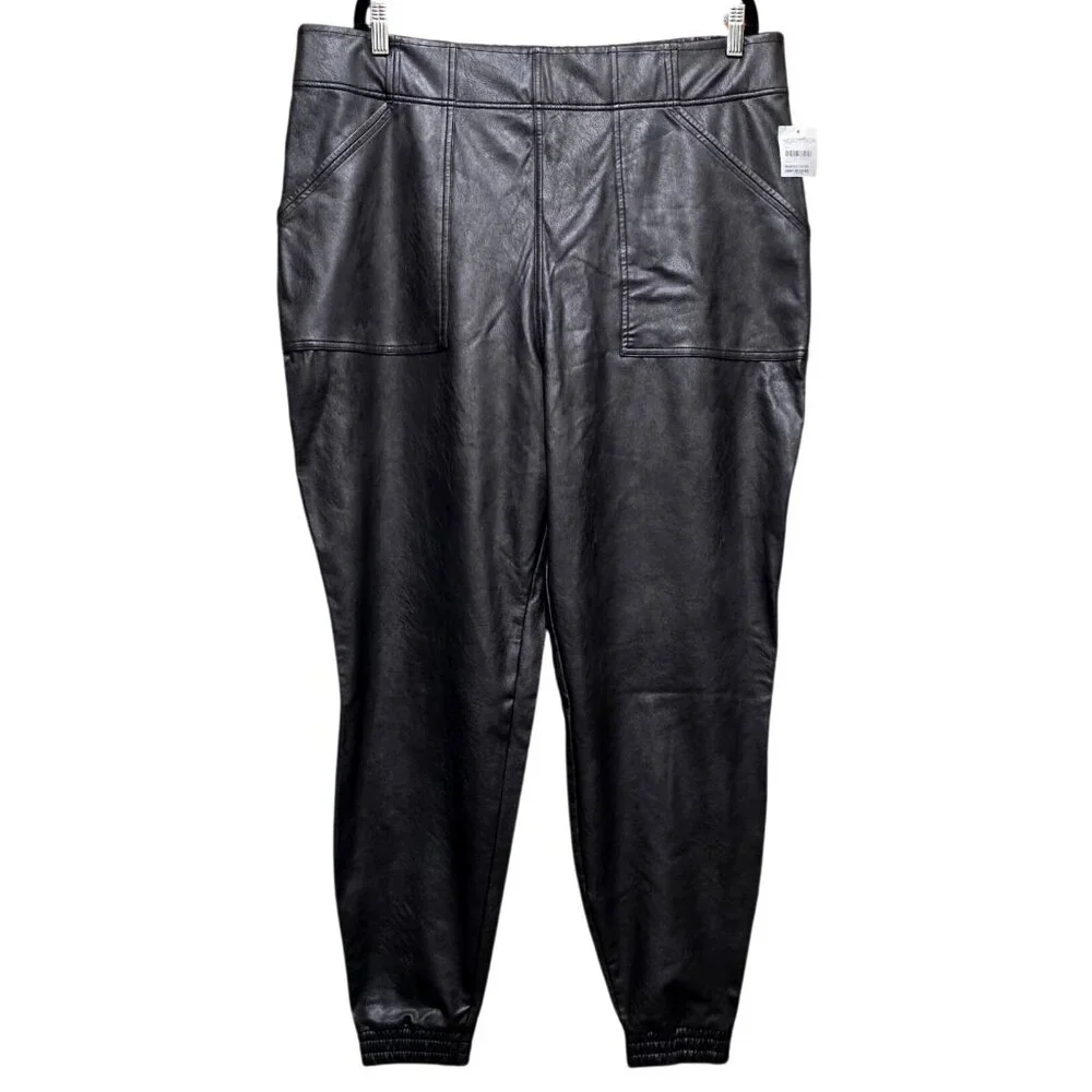Nordstrom Faux Leather Jogger Pants 3X Noir Black Plus Size Women's Elastic Wais - Picture 2 of 11